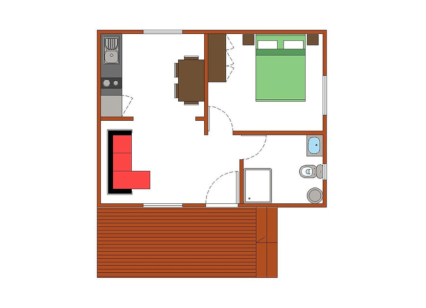 Maison mobile T1 de 42 m² – 1 chambre, style traditionnel avec terrasse bois